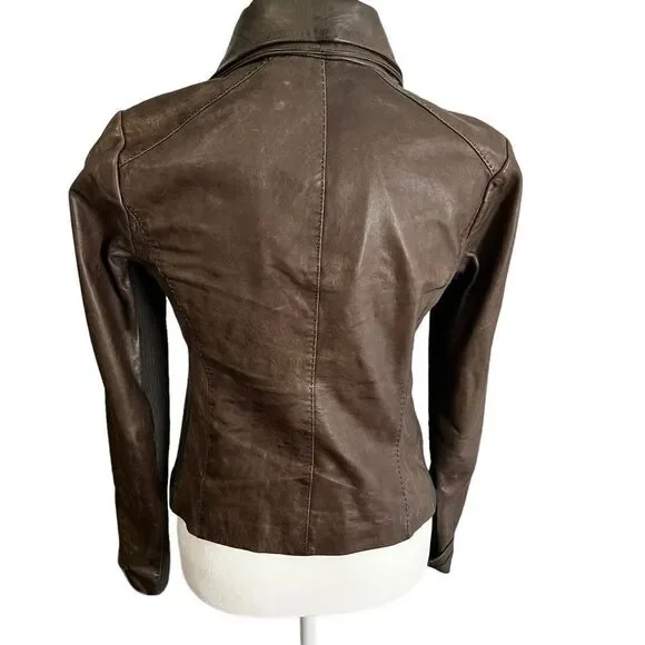Vince 100% Brown Leather Moto Jacket XS - Picture 9 of 10